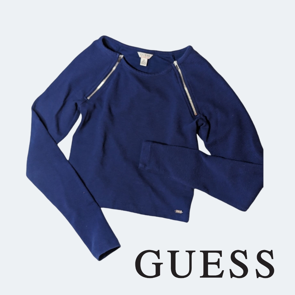 GUESS Cropped Crew Neck; double zipper neckline detail - Vibrant Blue/Small